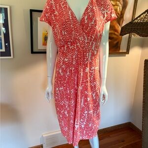 Boden Coral and White Midi Dress With Flutter Sleeves